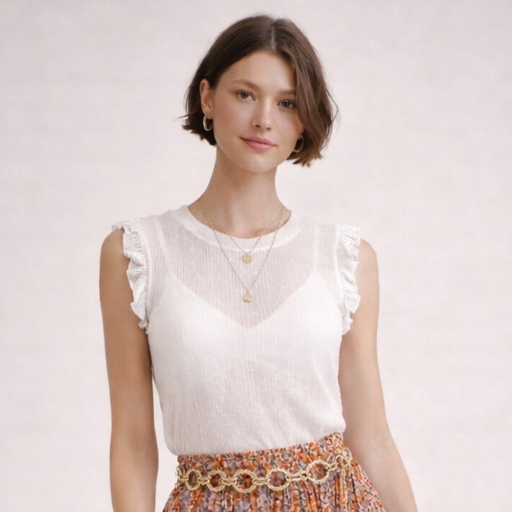 Ruffle Sleeves Ivory Ribbed Knit Sweater | Sheer Tank | Minimalist | Large